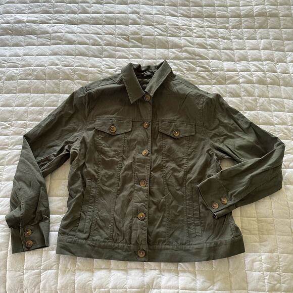EDDIE BAUER Womens Jacket Utility Cropped Cotton Linen Outdoor Gorp Neutral | L - Picture 1 of 12